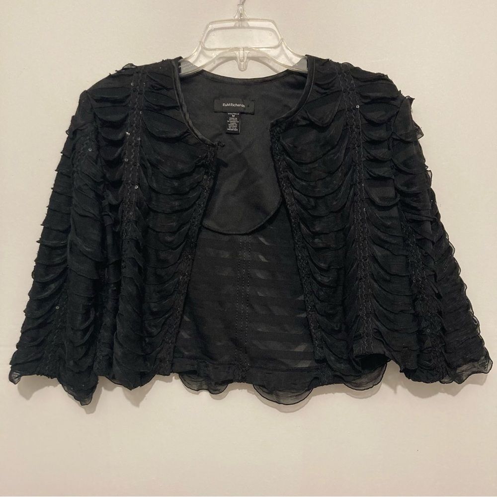 R&M Richards Black Dress Jacket Women’s Medium Ruffled Sequined Cropped Shrug